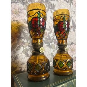Vintage Sail Boat Brand Mini Oil Lamps Pair – 1960s Faux Stained Glass Amber,